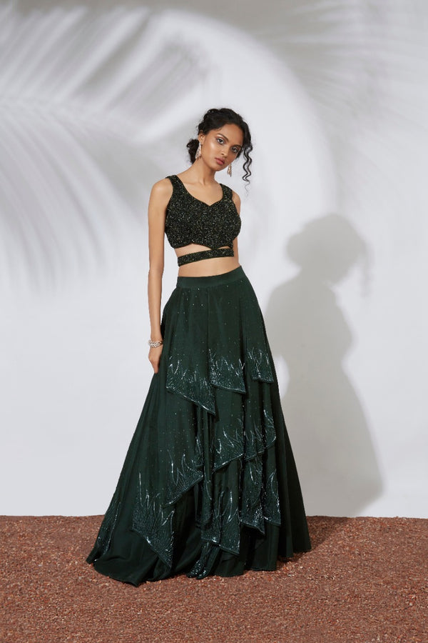 FOREST GREEN 32 PANELS EMBROIDERED LEHENGA CROP TOP SET