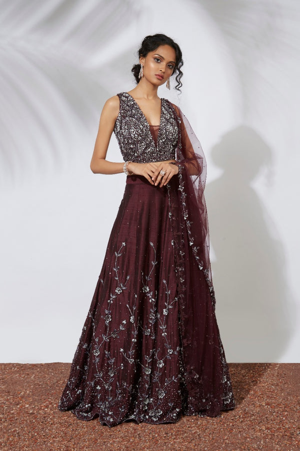 WINE 3D ROSES EMBROIDERED LEHENGA, CHOLI & DUPATTA SET