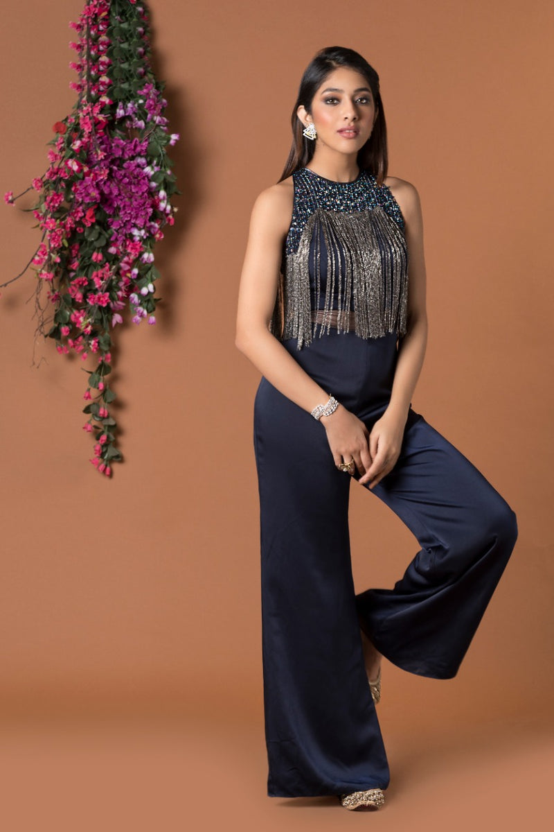 NAVY BLUE JUMPSUIT WITH HANGING CHAINS EMBROIDERY