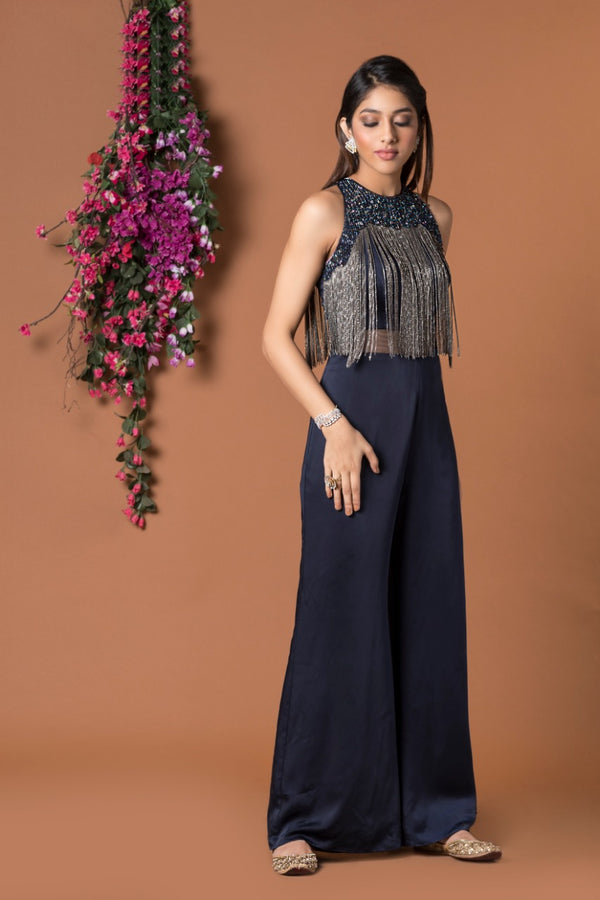 NAVY BLUE JUMPSUIT WITH HANGING CHAINS EMBROIDERY