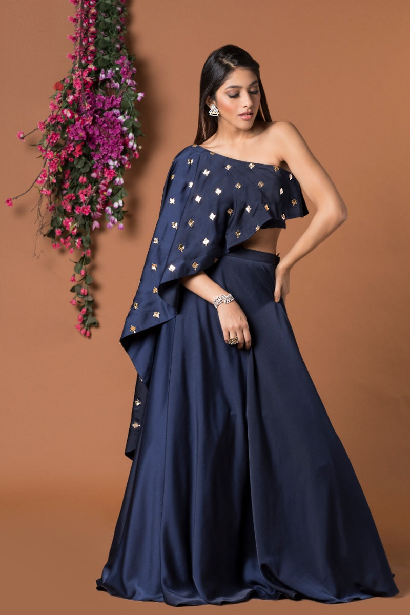 NAVY BLUE CAPE TOP AND LEHENGA SET