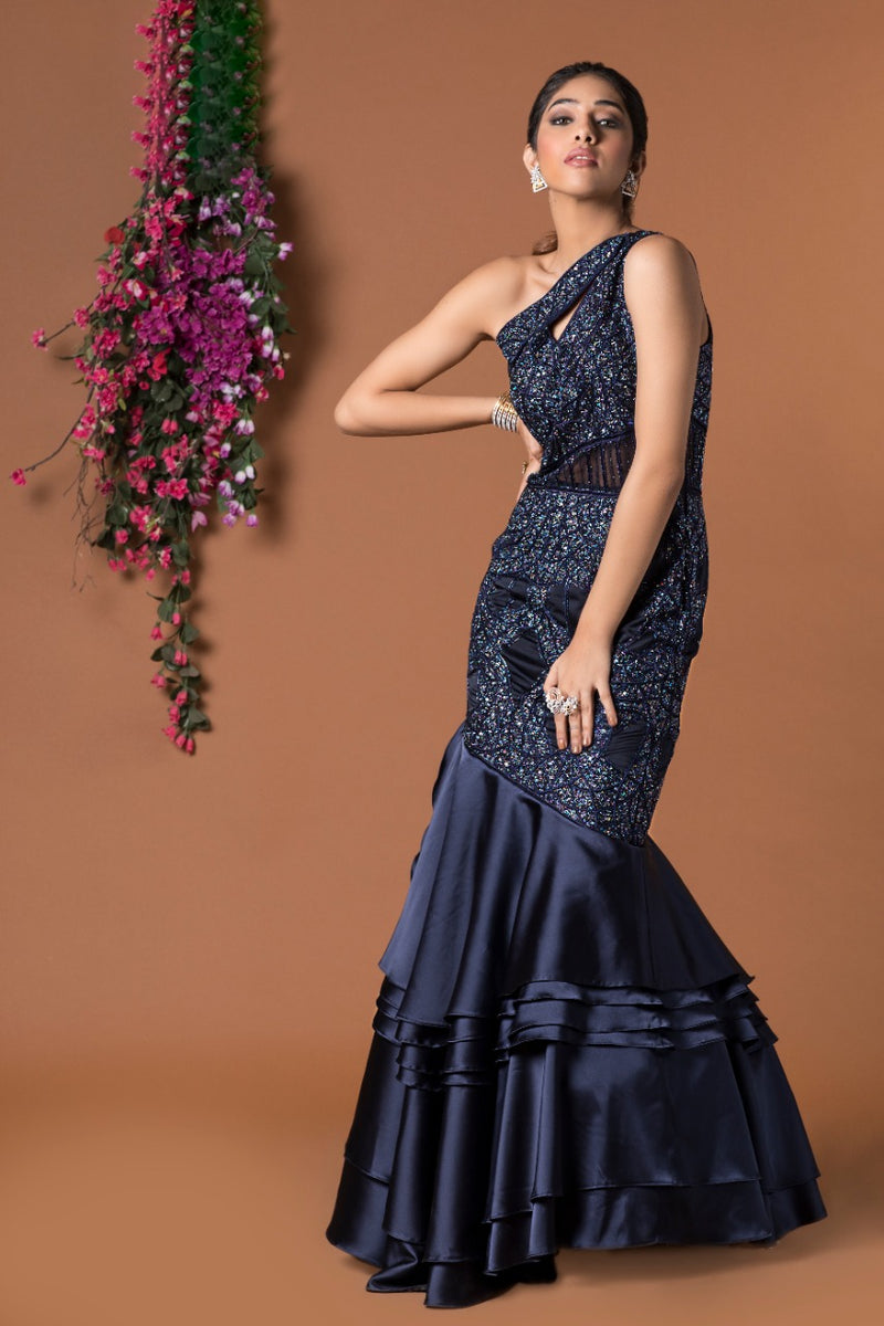 NAVY BLUE FISCHUT LAYERED GOWN