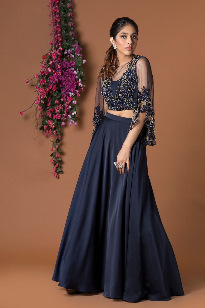 NAVY BLUE LEHENGA CROP TOP SET