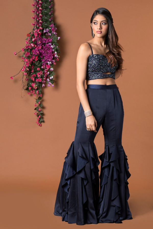 NAVY BLUE RUFFLE PANTS & CROP TOP SET