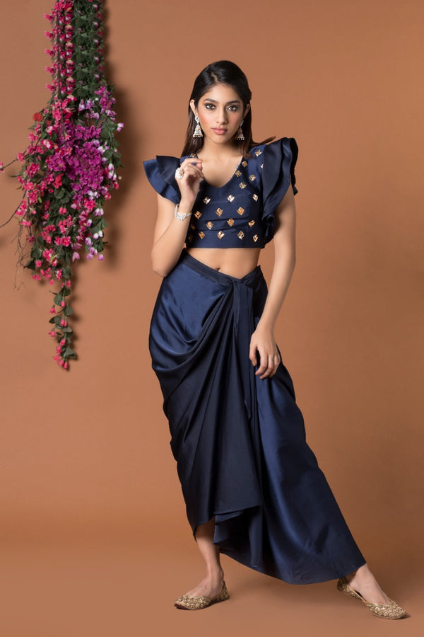 NAVY BLUE DRAPED SKIRT & CROP TOP SET