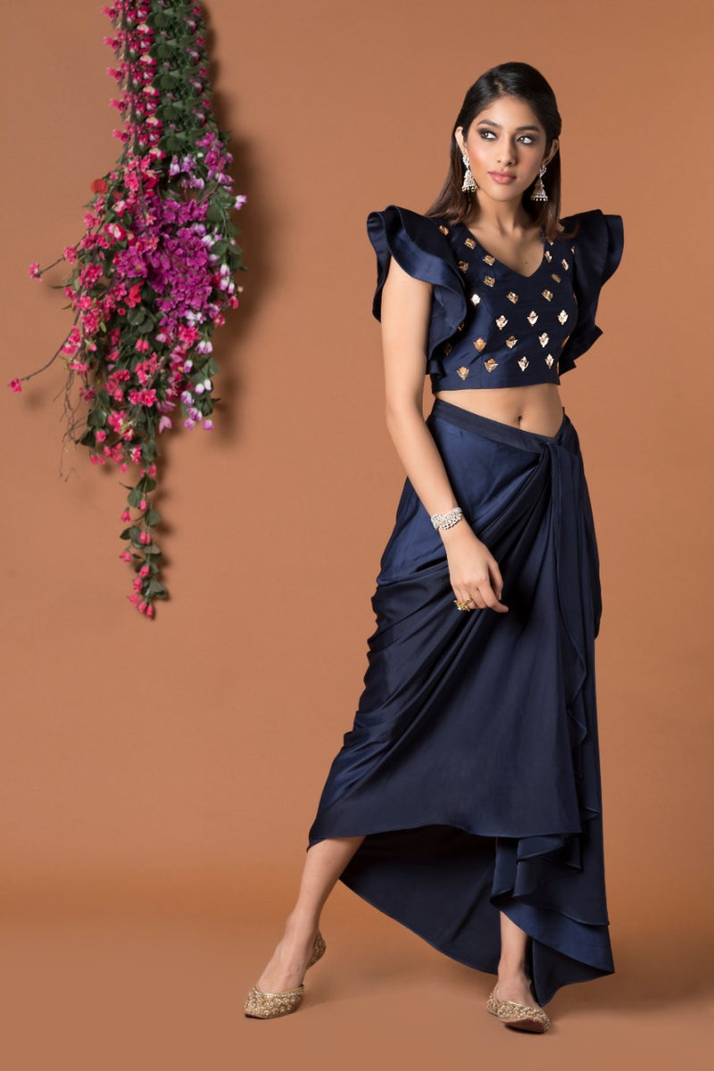 NAVY BLUE DRAPED SKIRT & CROP TOP SET