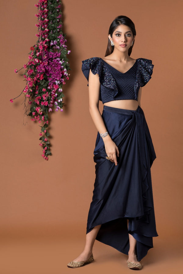 NAVY BLUE DRAPED SKIRT & CROP TOP SET