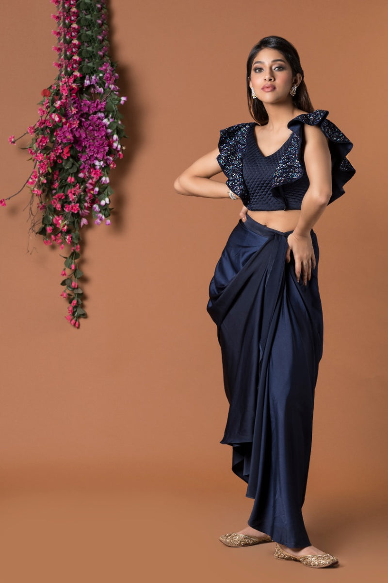 NAVY BLUE DRAPED SKIRT & CROP TOP SET