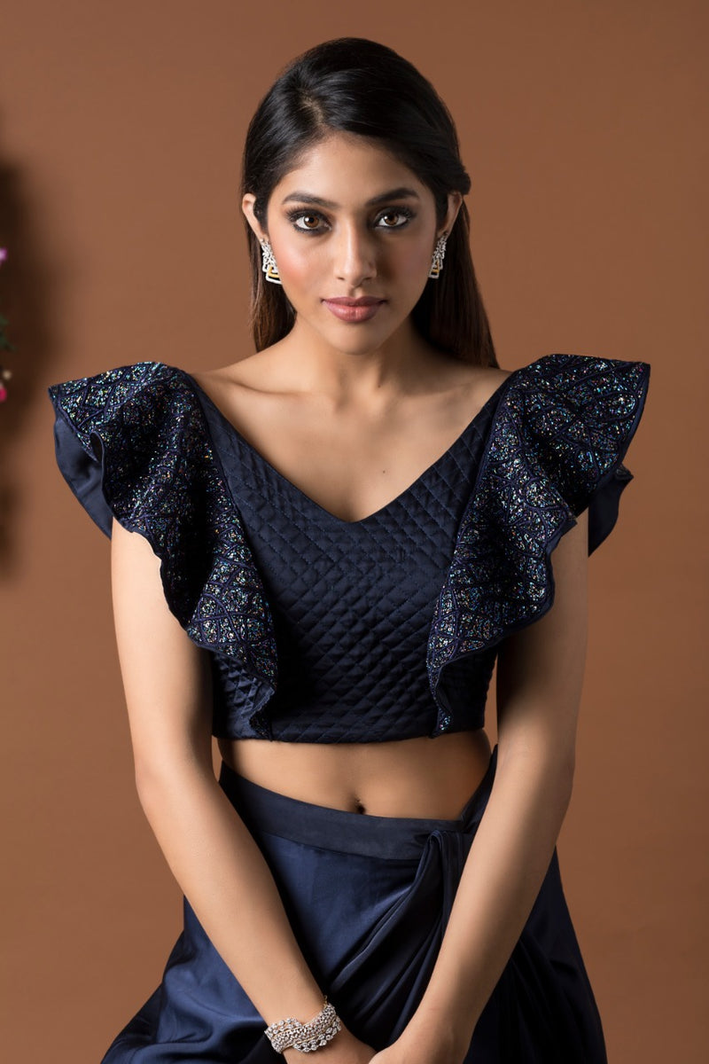 NAVY BLUE DRAPED SKIRT & CROP TOP SET