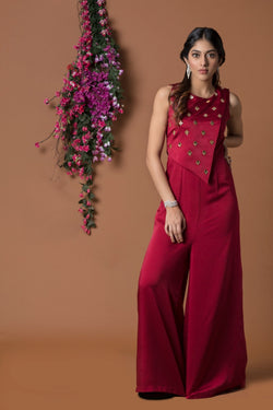 RED ASYMMETRIC OVERLAY JUMPSUIT