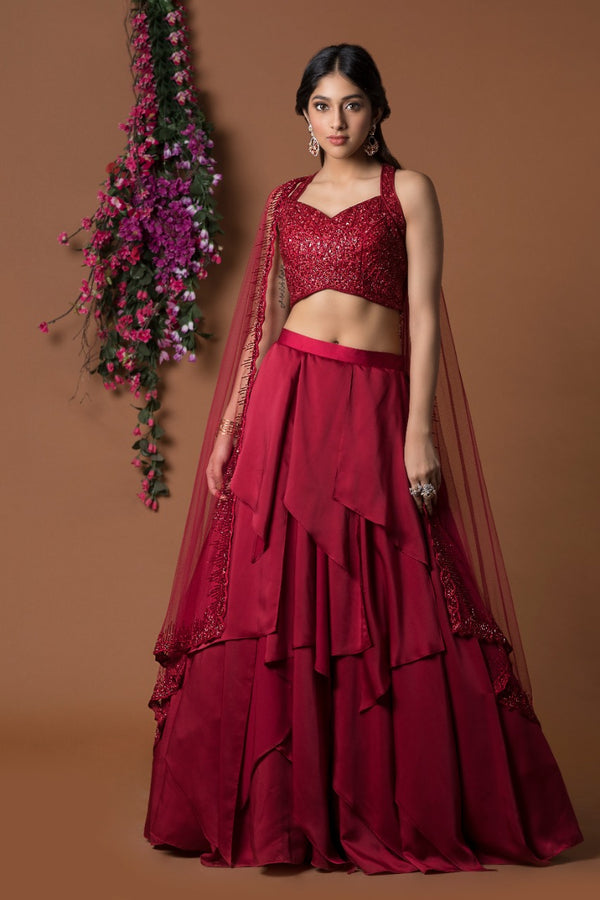 RED 32 PANELS LEHENGA CROP TOP SET WITH ATTACHED DUPATTAS