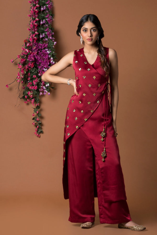 RED OVERLAP KURTA & PANTS SET