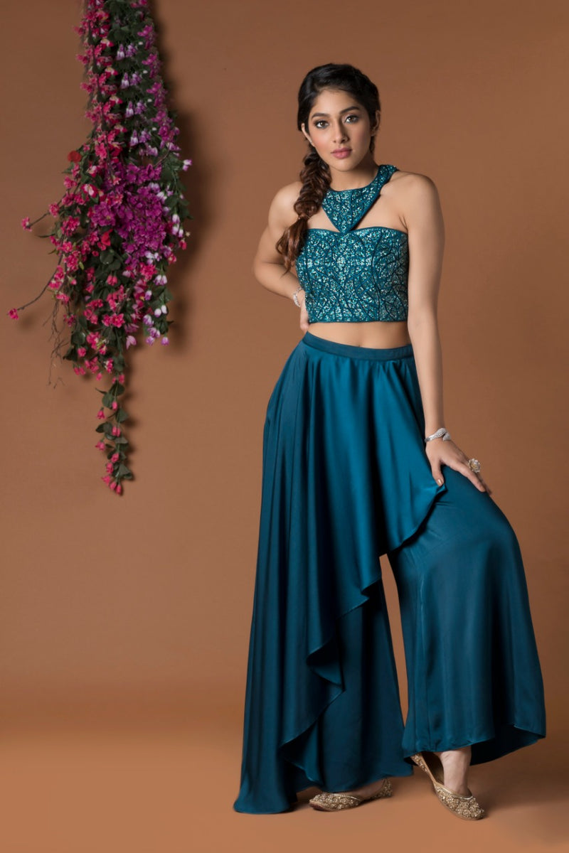 TEAL DRAPED PANTS & CROP TOP SET