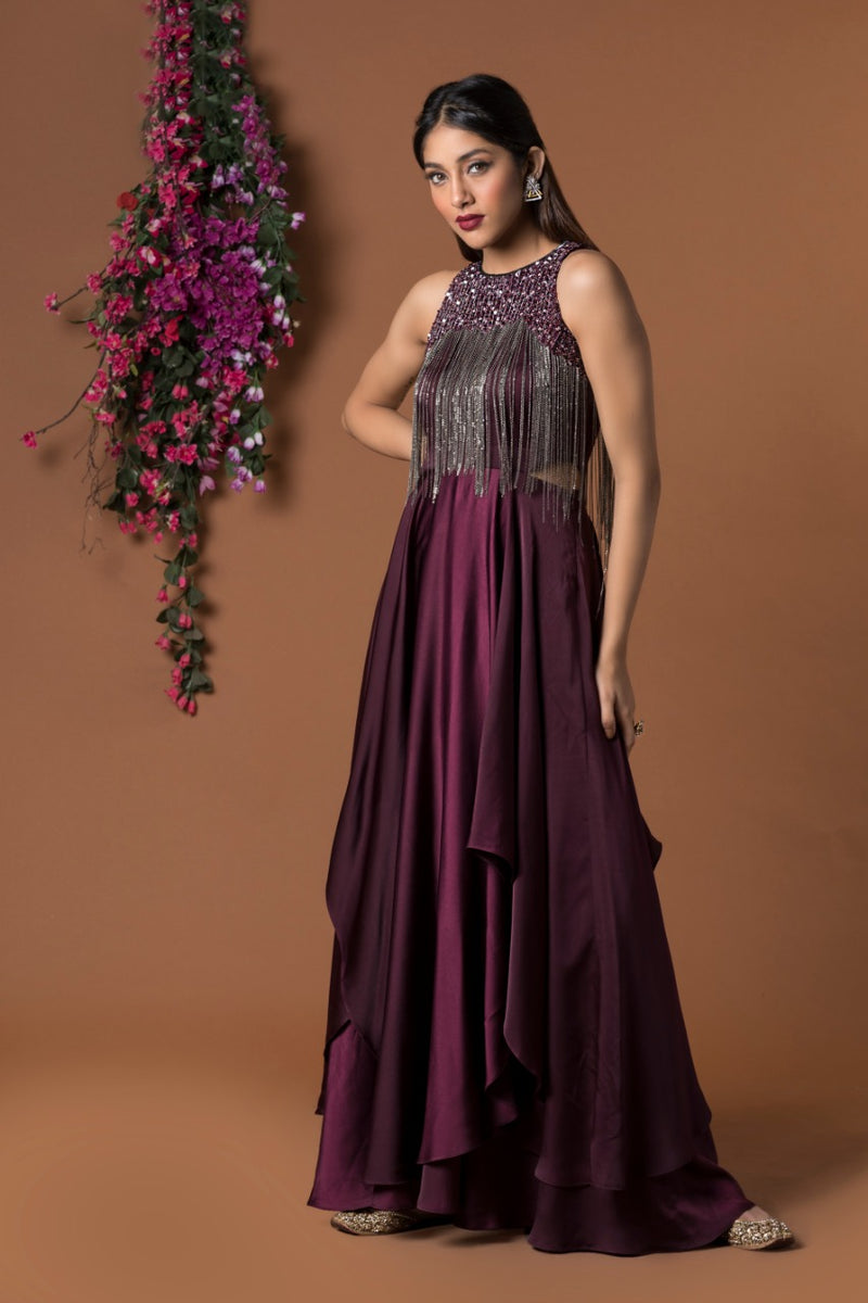 WINE LAYERED GOWN WITH HANGING CHAINS EMBROIDERY