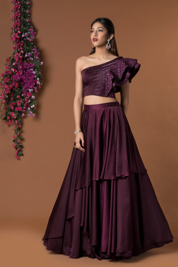 WINE RUFFLE SLEEVES CROP TOP & LAYERED LEHENGA SET