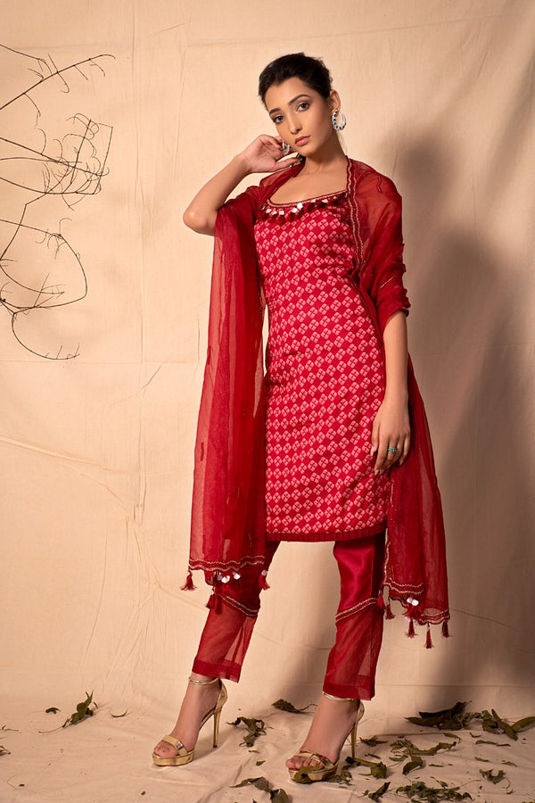 Ruby Red printed Strap suit with Pants and Embroidered Dupatta set