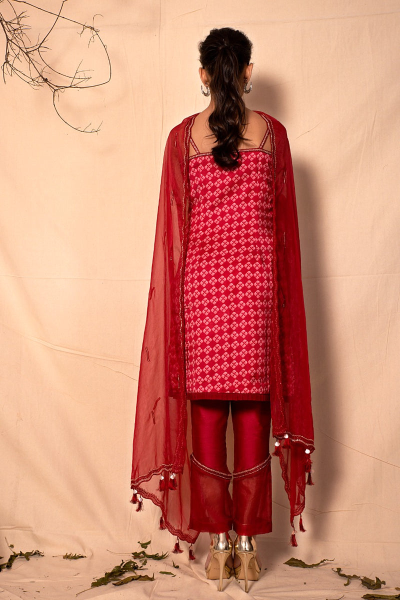 Ruby Red printed Strap suit with Pants and Embroidered Dupatta set