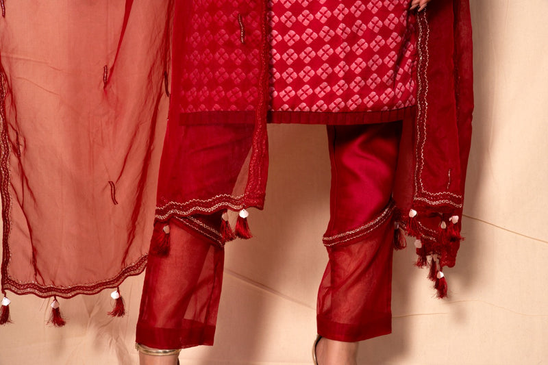 Ruby Red printed Strap suit with Pants and Embroidered Dupatta set