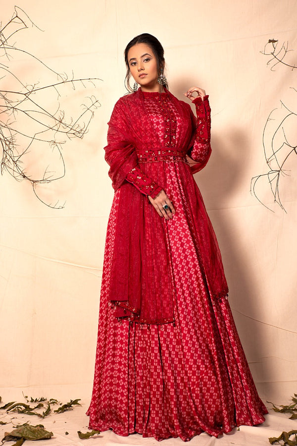 Ruby Red floor length suit with Embroidered Dupatta set