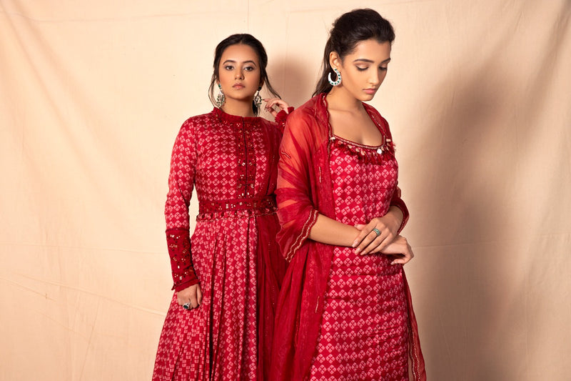 Ruby Red floor length suit with Embroidered Dupatta set