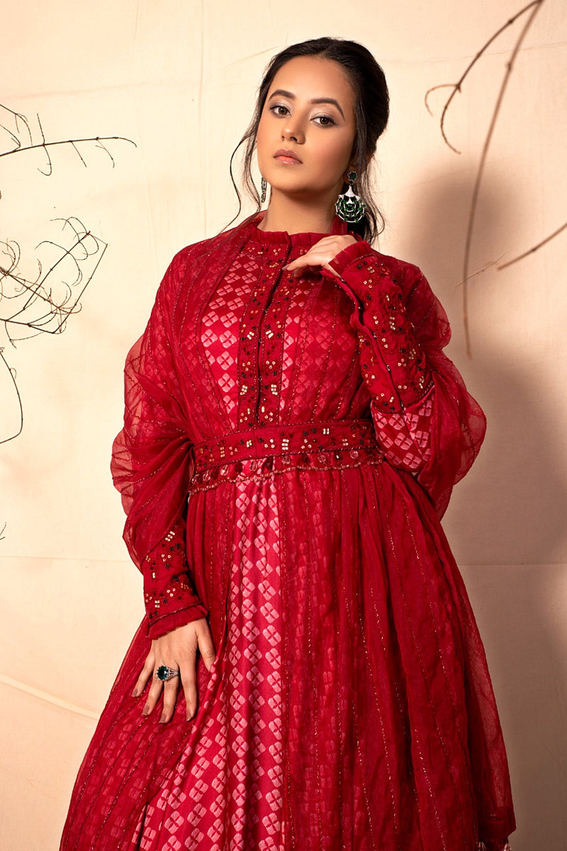 Ruby Red floor length suit with Embroidered Dupatta set