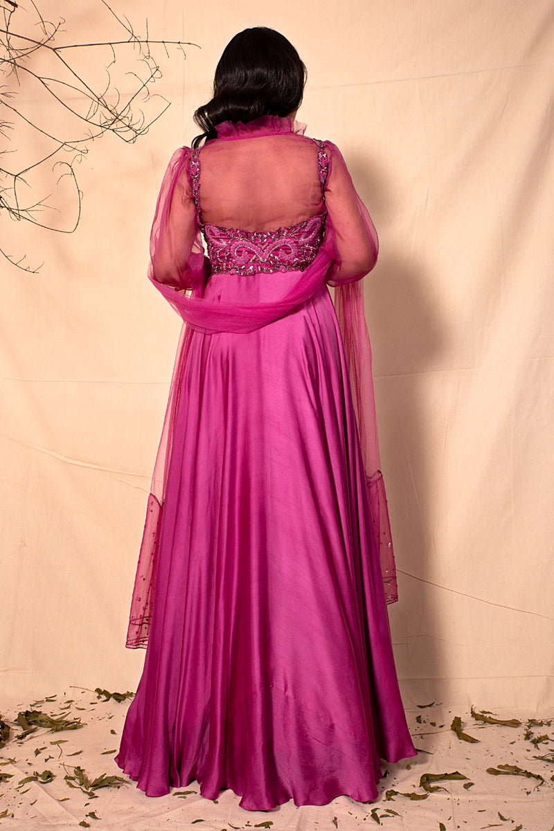 Mulberry Pink Floor Length suit with hand Embrodered Yoke and Embroidered dupatta with  organza shirt set