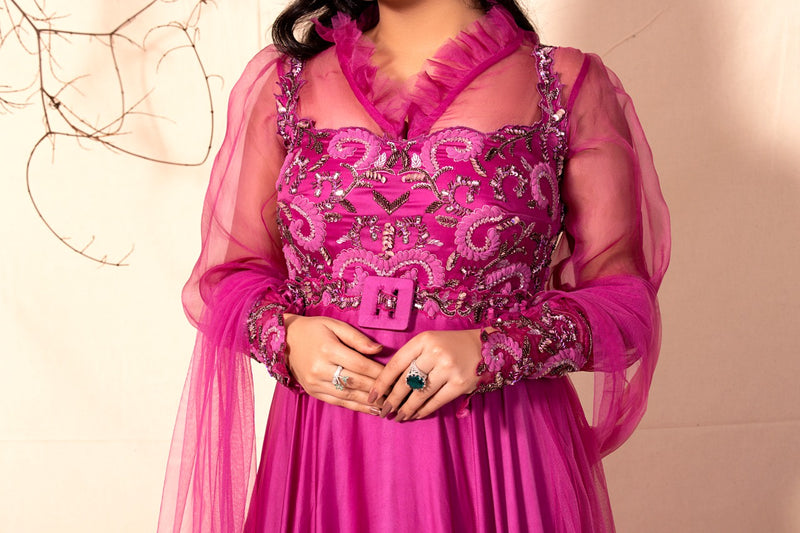 Mulberry Pink Floor Length suit with hand Embrodered Yoke and Embroidered dupatta with  organza shirt set