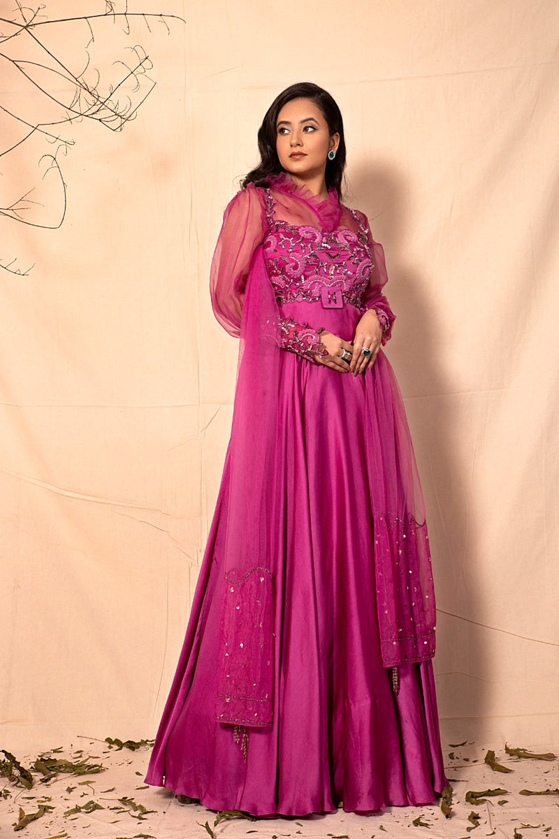 Mulberry Pink Floor Length suit with hand Embrodered Yoke and Embroidered dupatta with  organza shirt set