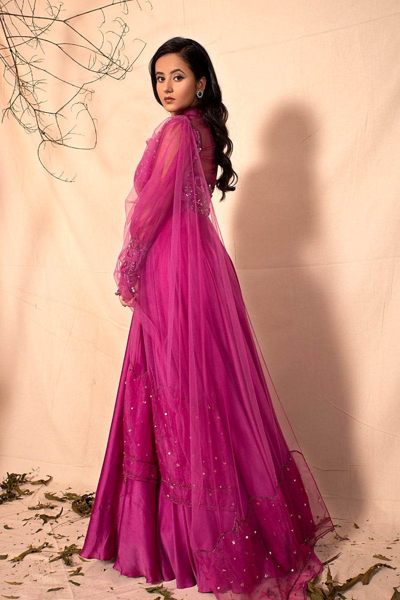 Mulberry Pink Floor Length suit with hand Embrodered Yoke and Embroidered dupatta with  organza shirt set