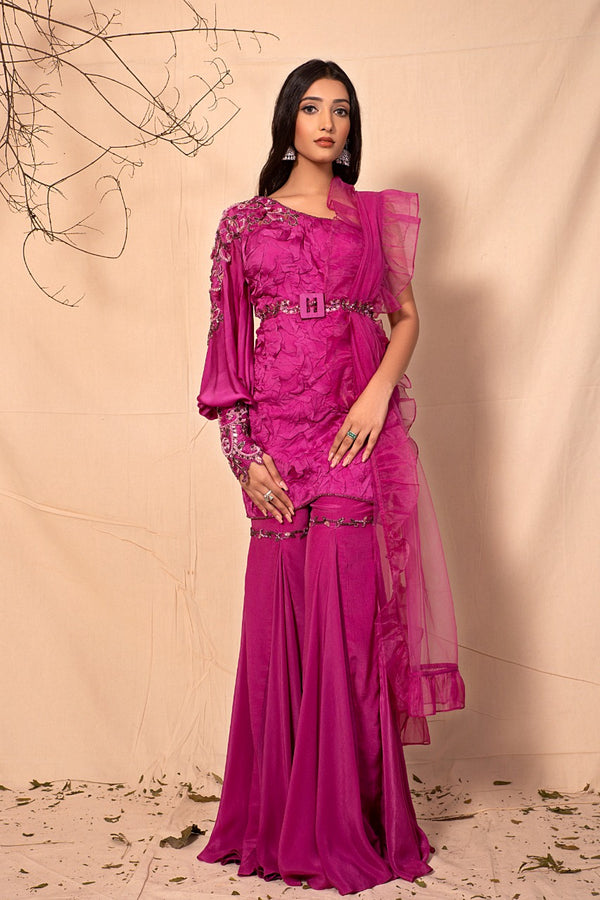 Mulberry Pink Knee Length textured tunic with Sharara and ruffle dupatta