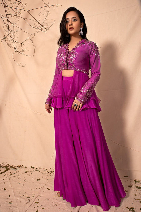 Plum Purple Peplum Style Hand Embroidered Jacket with sharara set