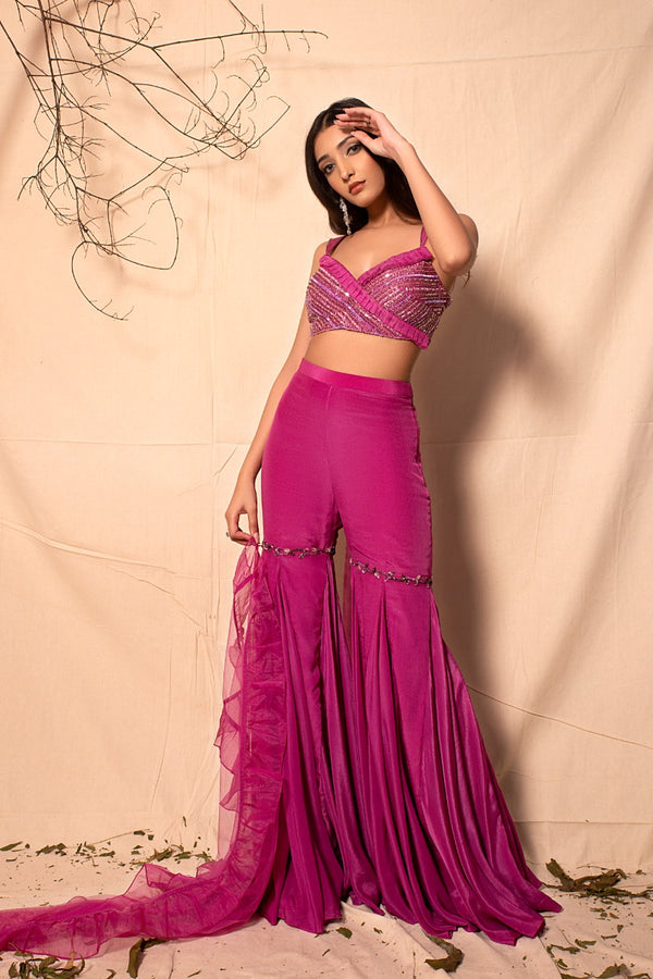 Mulbeery Pink Sharara with Hand Embroidered Bralette with Ruffle Dupatta