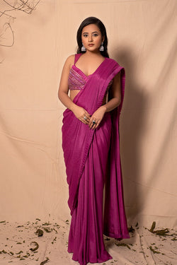 Mulberry Pink Hand Embroidered Brallete with Pre- Stitched Saree set