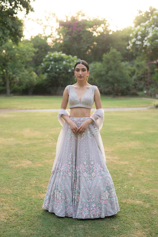 Grey Organza Lehenga Set