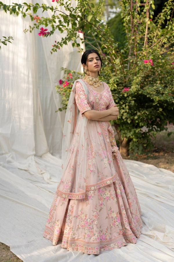 Peach Raw Silk Double Duppatta Lehenga set