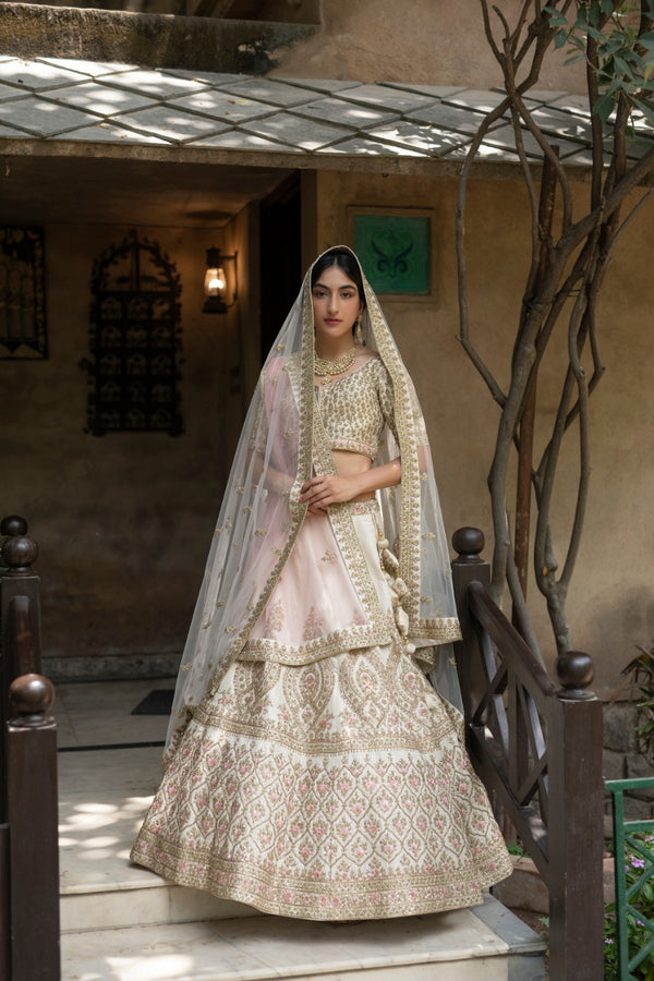 Ivory Raw Silk Double Dupatta Lehenga Set