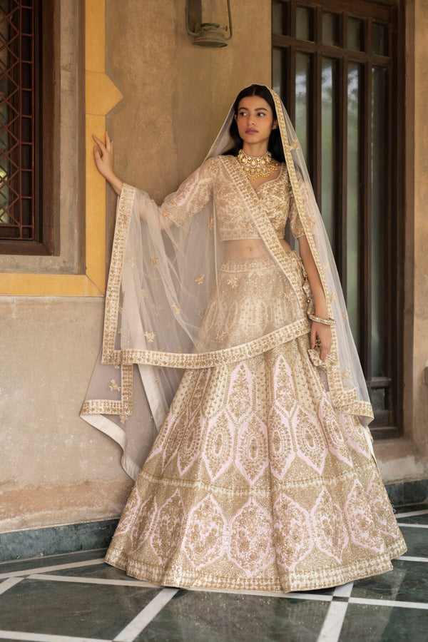 Ivory Raw Silk Double Dupatta Lehenga Set