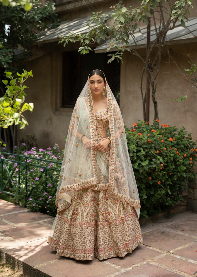 Ivory Raw Silk Double Dupatta Lehenga Set