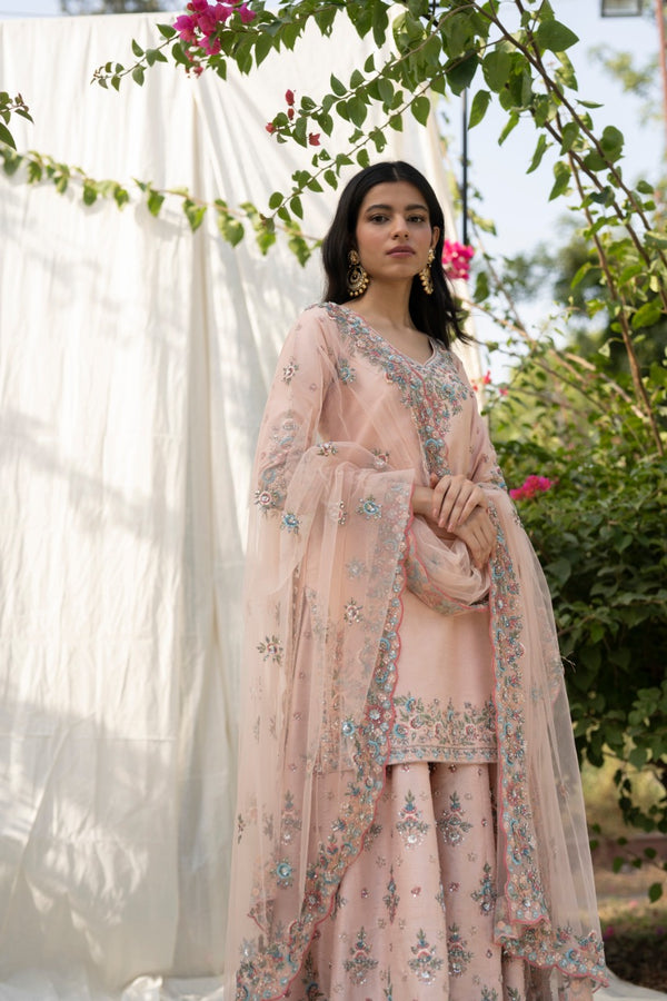 Peach Raw Silk Sharara Set