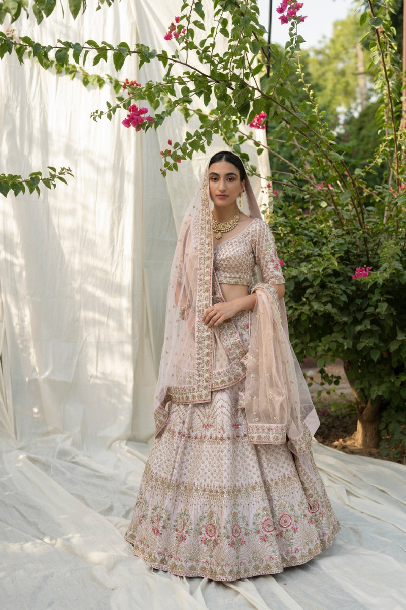 Peach Raw Silk Double Dupatta Lehenga Set