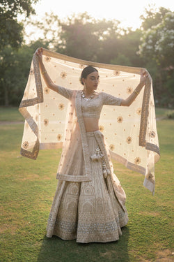 Ivory Raw Silk Double Dupatta Lehenga Set