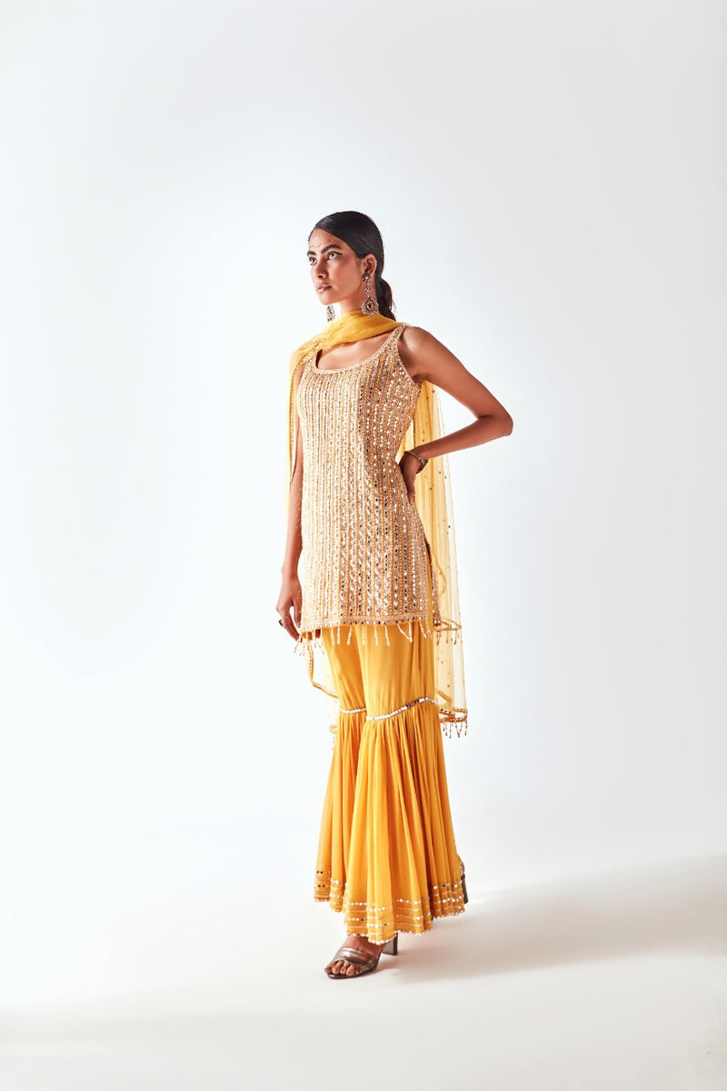 Round Neck Short Shirt Paired With Gathered  Garara & Netted Embroidered Dupatta