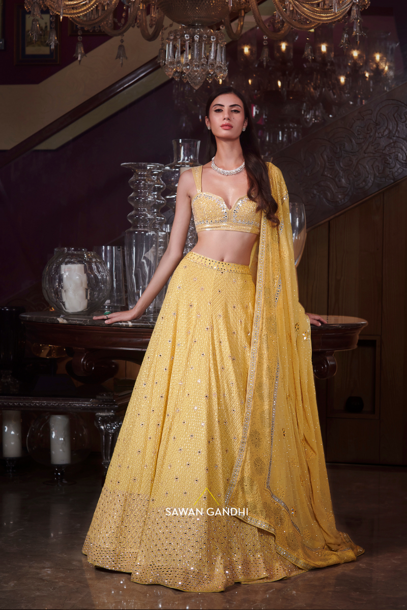 YELLOW CHIKANKARI LEHENGA