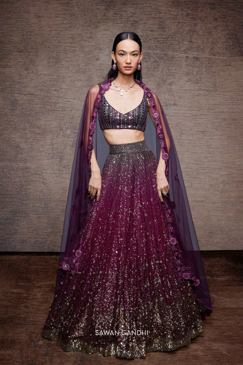 WINE GREY OMBRE SEQUIN LEHENGA