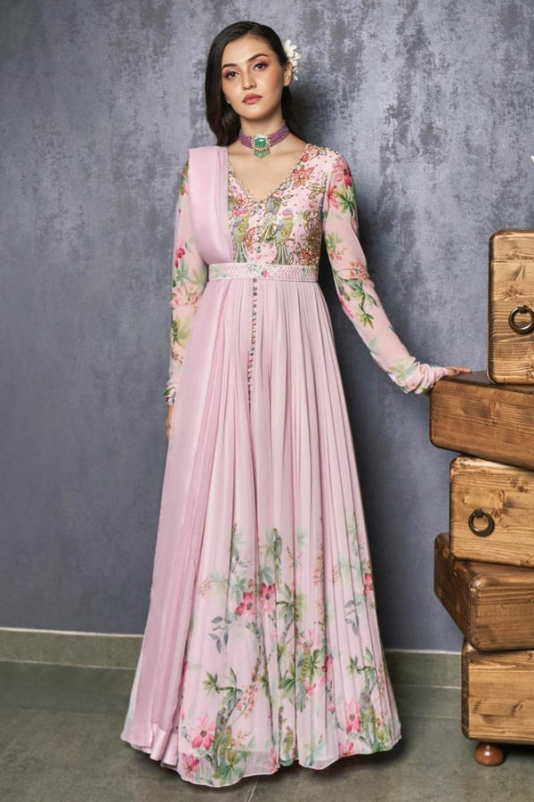 Elegant floral blush pink georgette gown with intricate hand embroidery