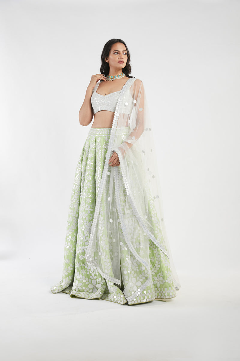 Ivory And Green Lehenga Set