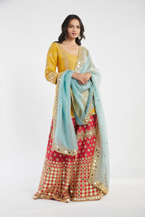 Yellow and Light Blue and Rani pink Sharara set