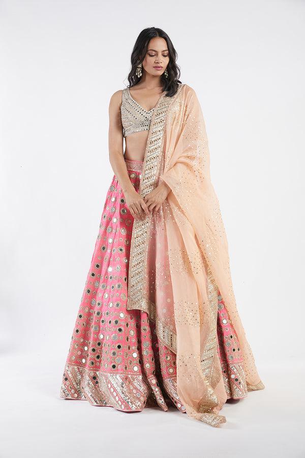 Candy Pink and Light Green and Peach Lehenga Set