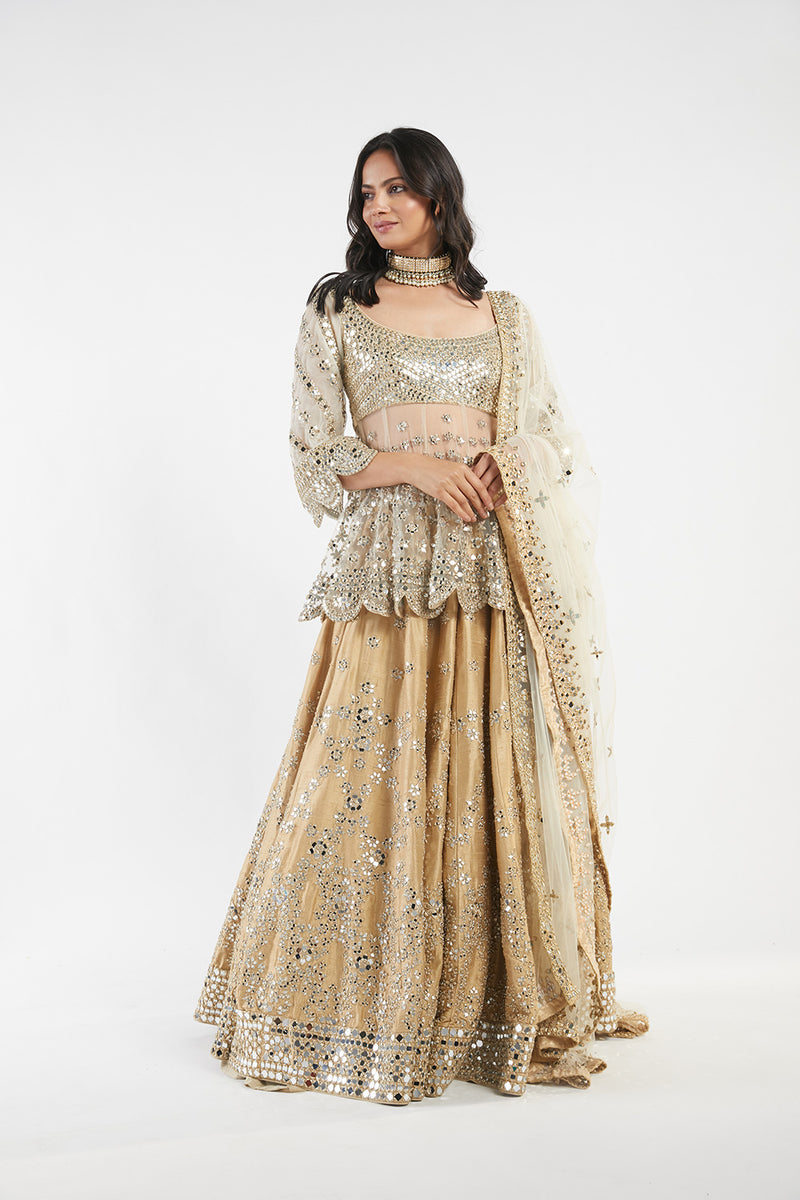 Ivory & Golden Embellished Peplum And Skirt Set