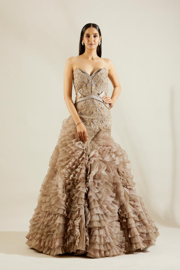 Abalone grey and gold evening gown